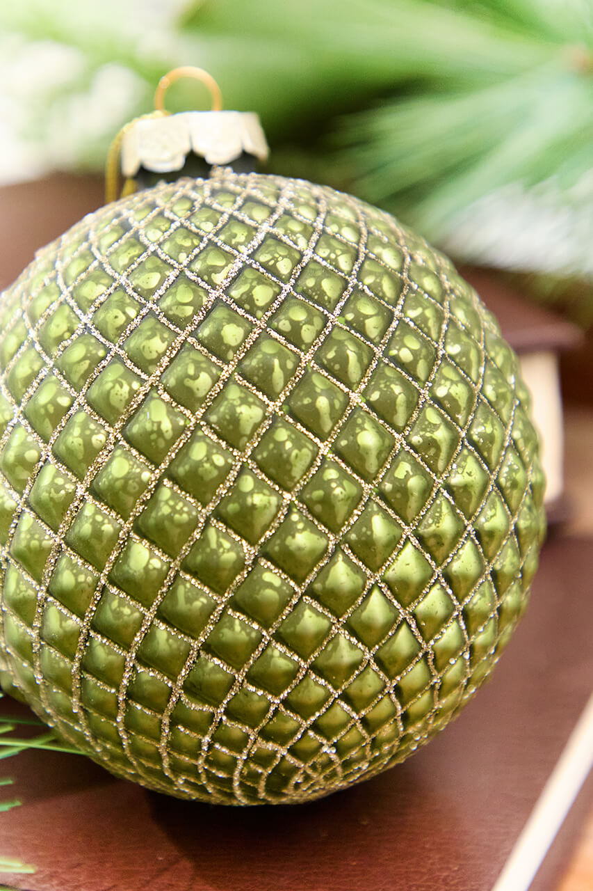 4" Green Glass Quilted Glitter Check Ball Ornament