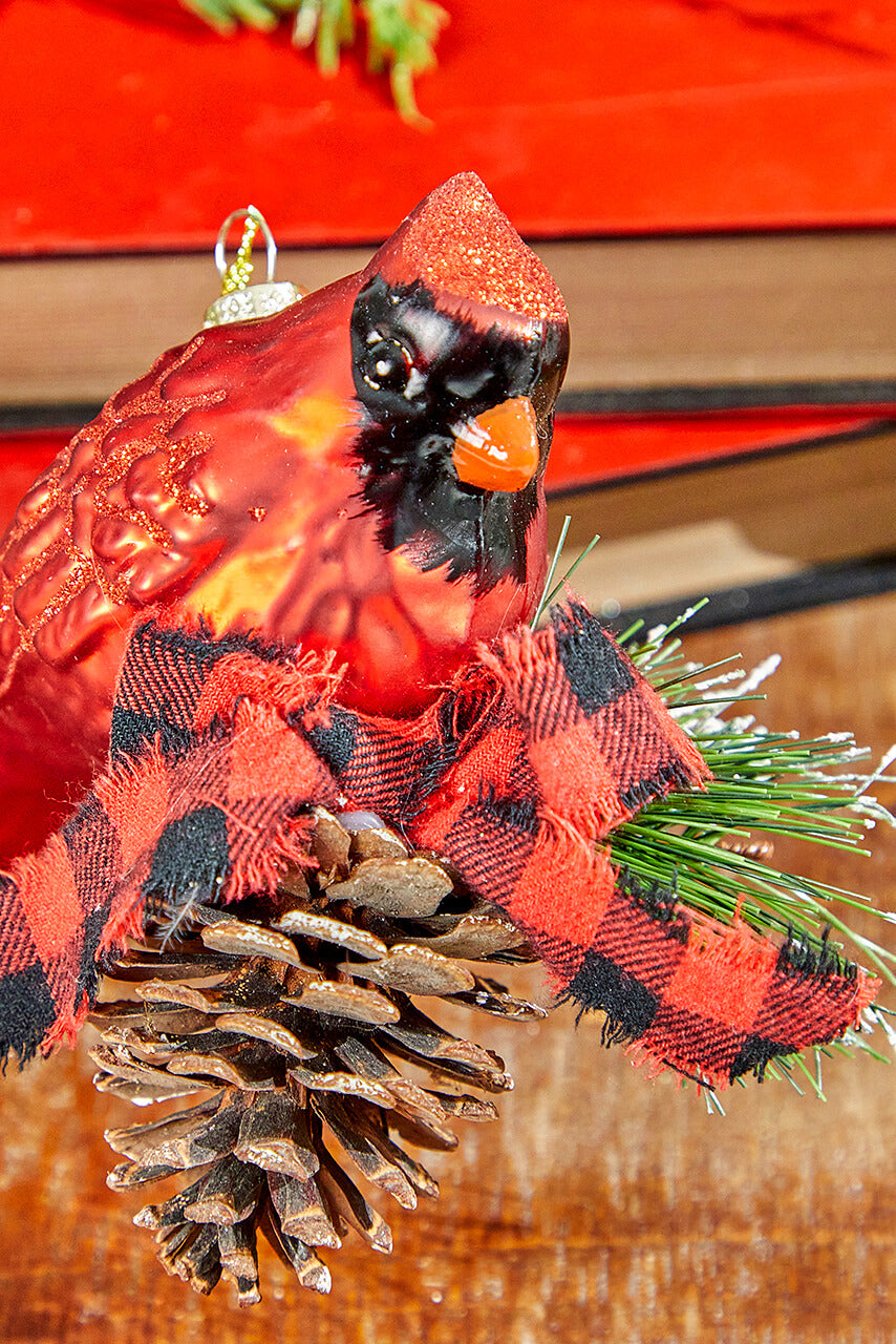 6" Glass Cardinal with Bow and Cone Ornament