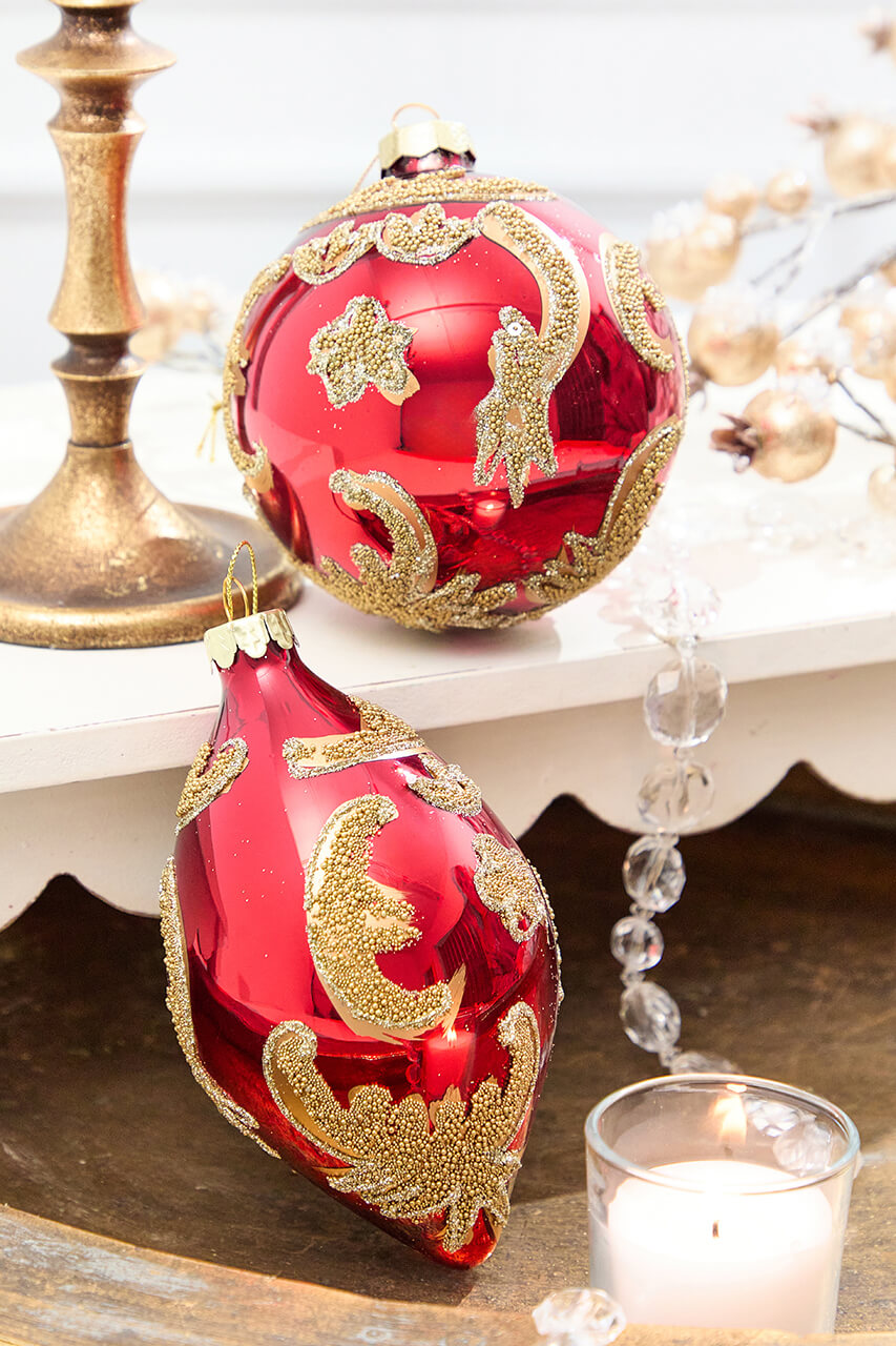 4" - 6" Red & Gold Beaded Scroll Glass Ornament