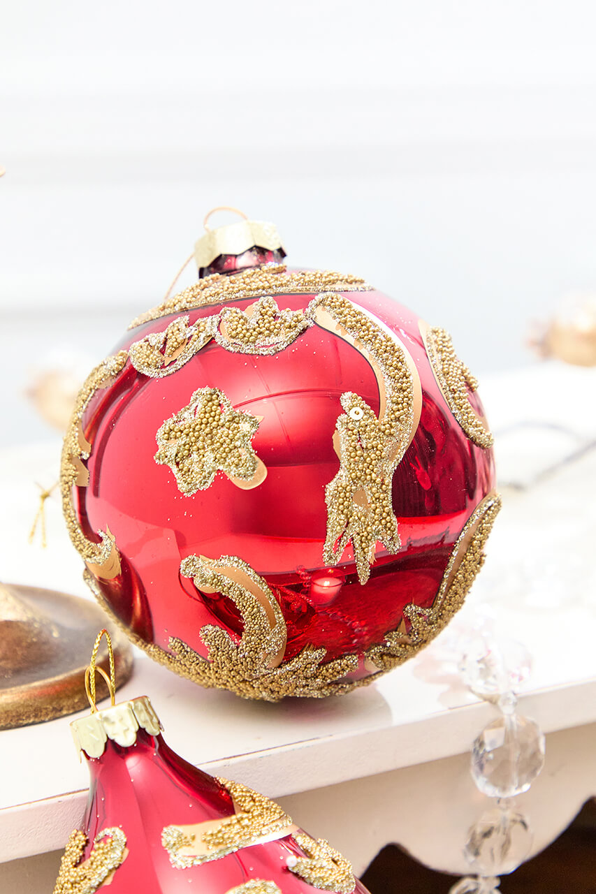 4" - 6" Red & Gold Beaded Scroll Glass Ornament