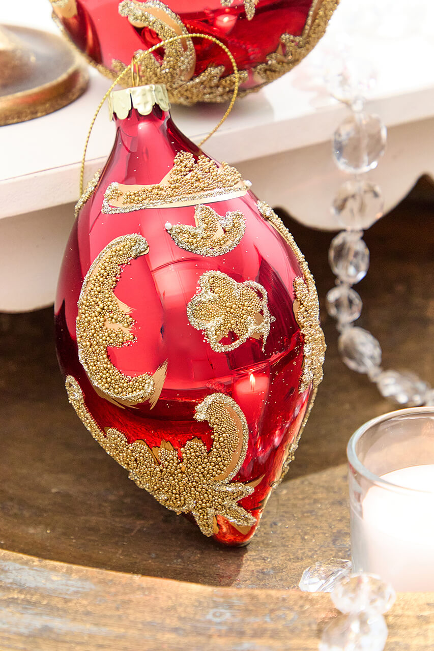 4" - 6" Red & Gold Beaded Scroll Glass Ornament