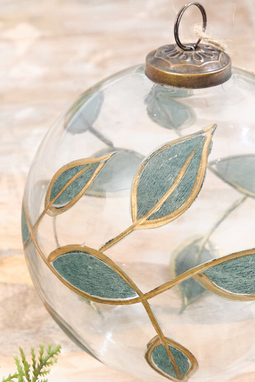 5" Clear Glass Ornament with Leaves