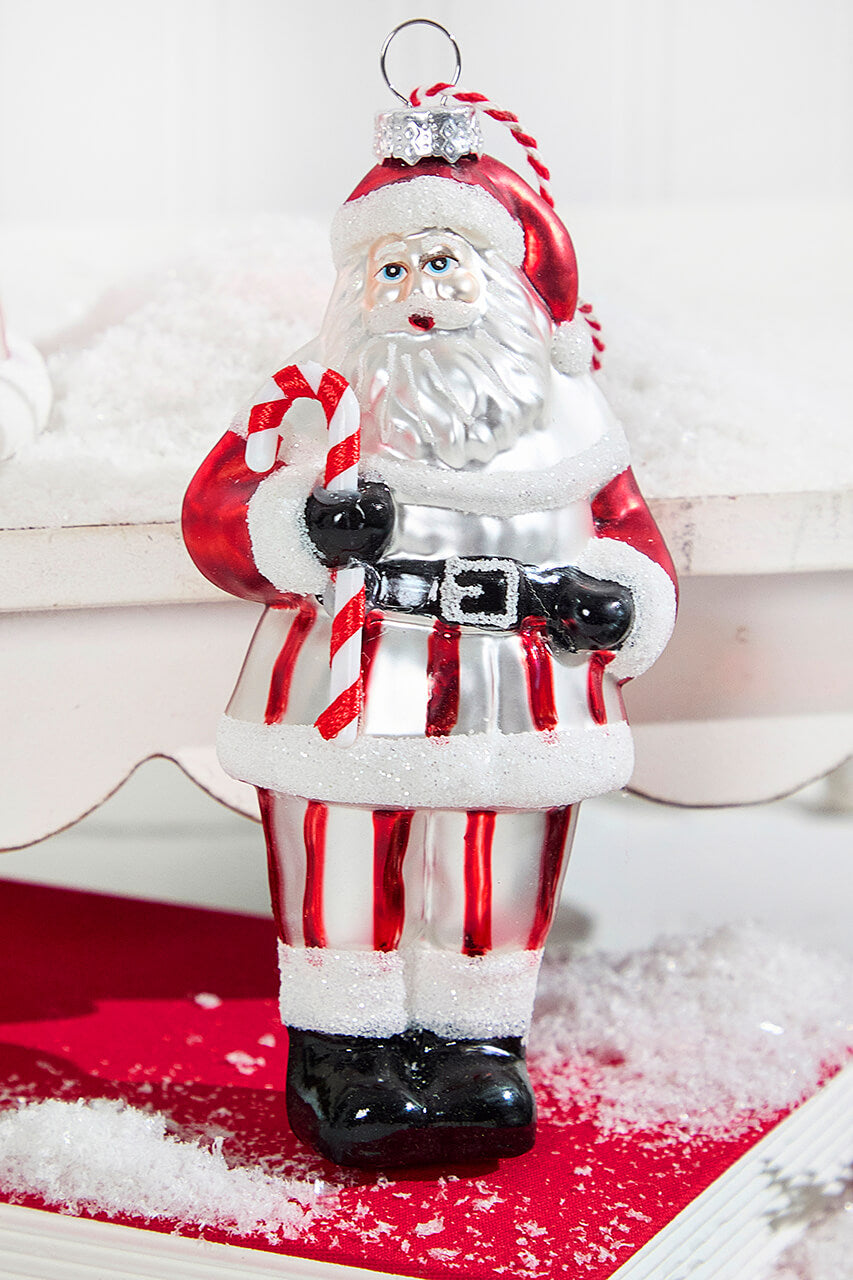 Glass Santa Ornament in Striped Coat