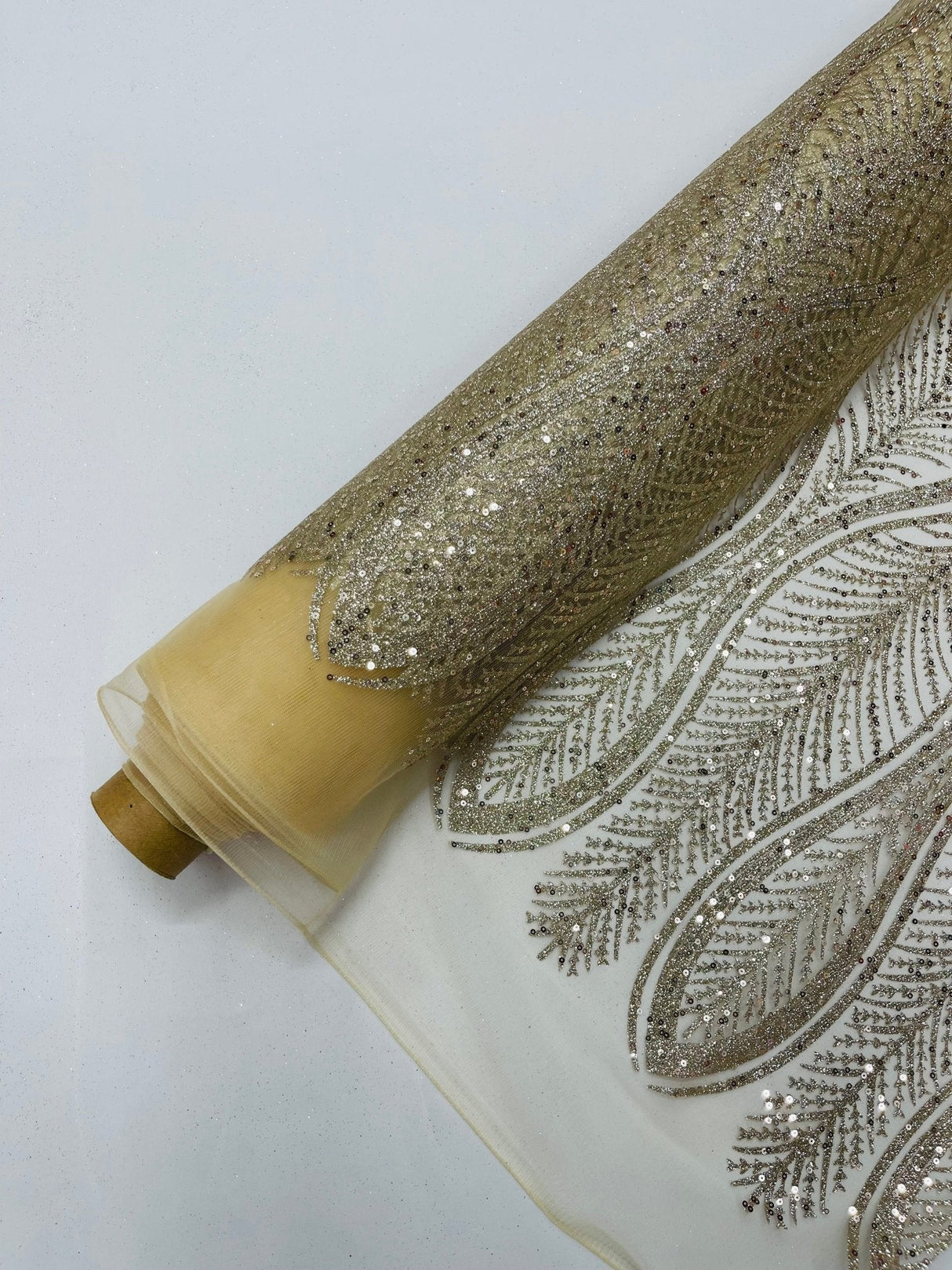 Glitter Feather Design Polyester Fabric - Glitter Feather Pattern, 52-54" Width (1 Yard)
