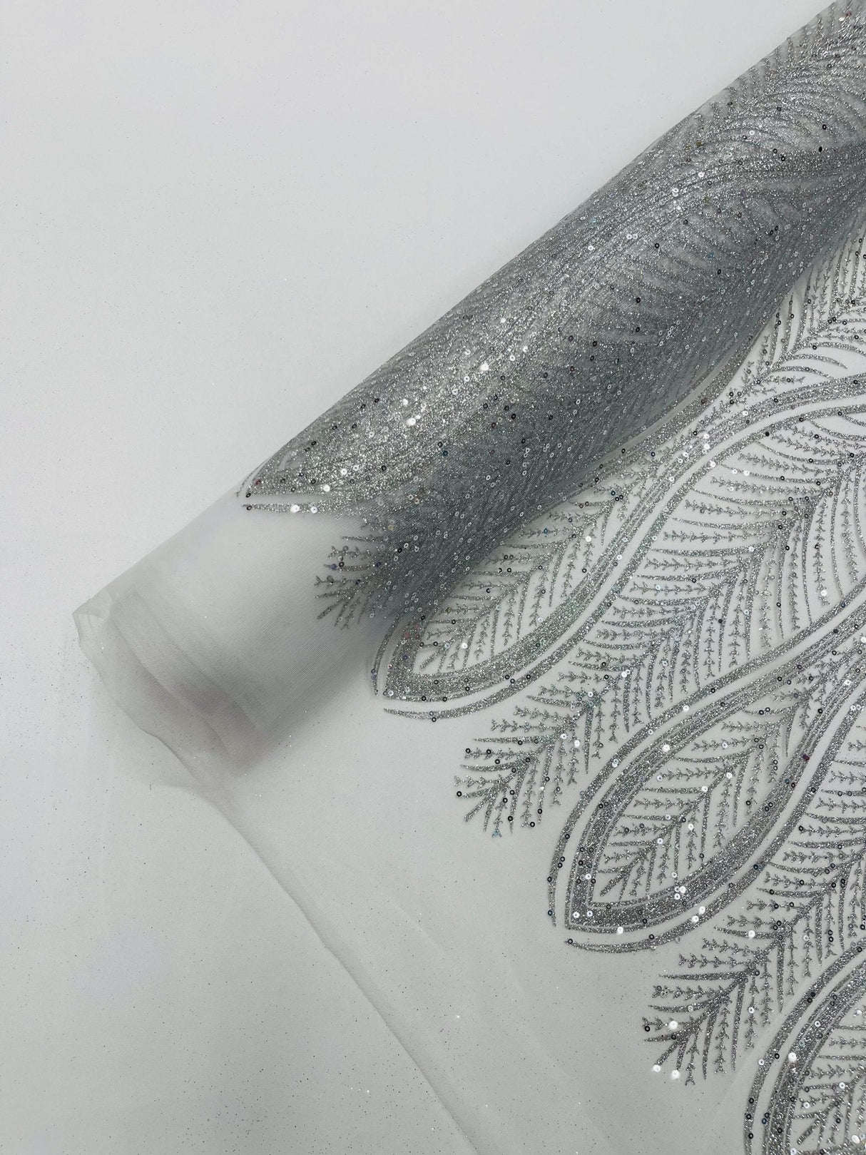 Glitter Feather Design Polyester Fabric - Glitter Feather Pattern, 52-54" Width (1 Yard)