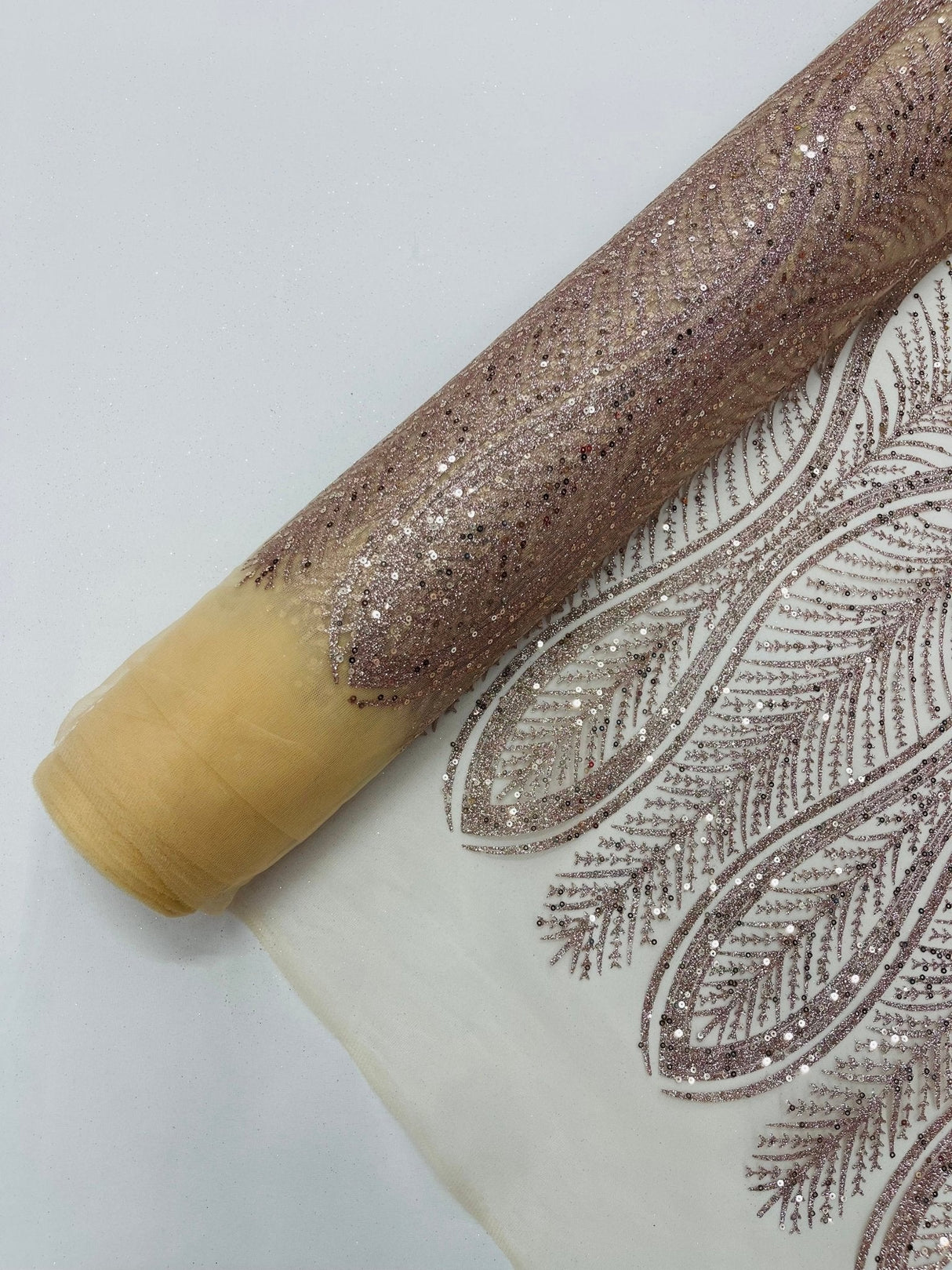Glitter Feather Design Polyester Fabric - Glitter Feather Pattern, 52-54" Width (1 Yard)