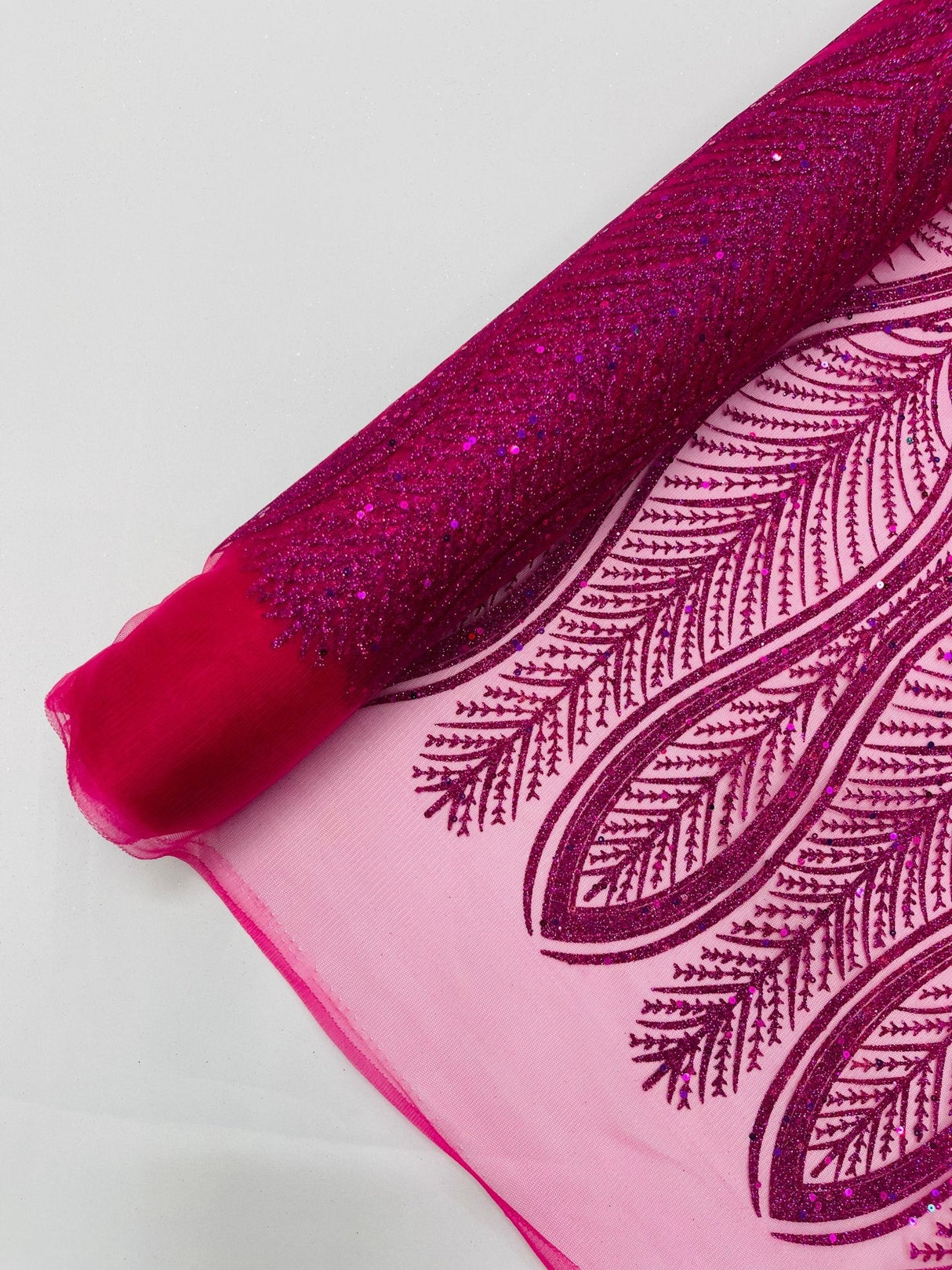 Glitter Feather Design Polyester Fabric - Glitter Feather Pattern, 52-54" Width (1 Yard)