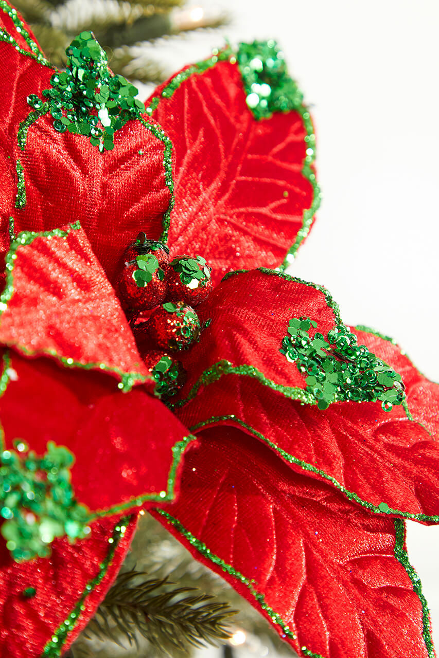 Red Green Glitter Tip Poinsettia Stem 22 Inch Christmas Decor