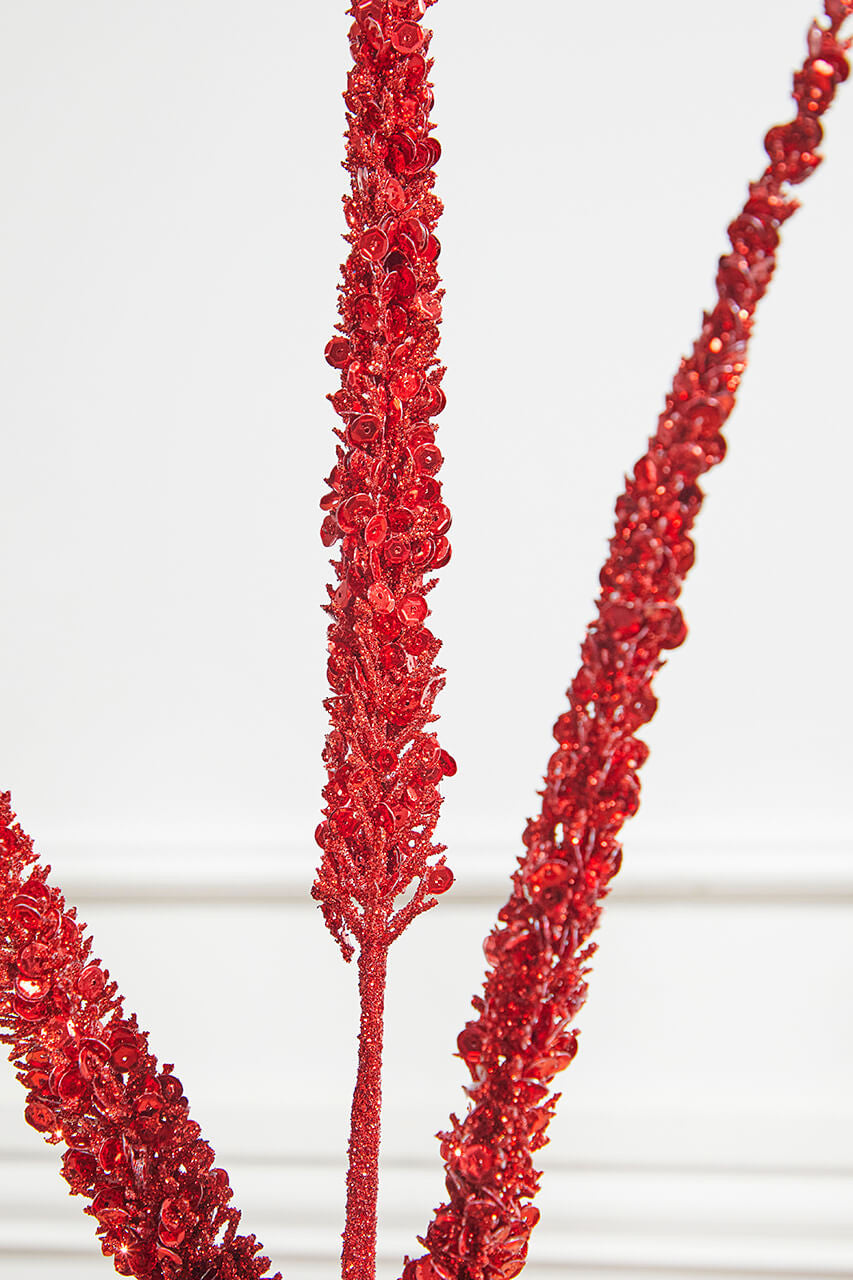 34” Triple Glitter Sequin Christmas Spray – Red Festive Decorative Stem