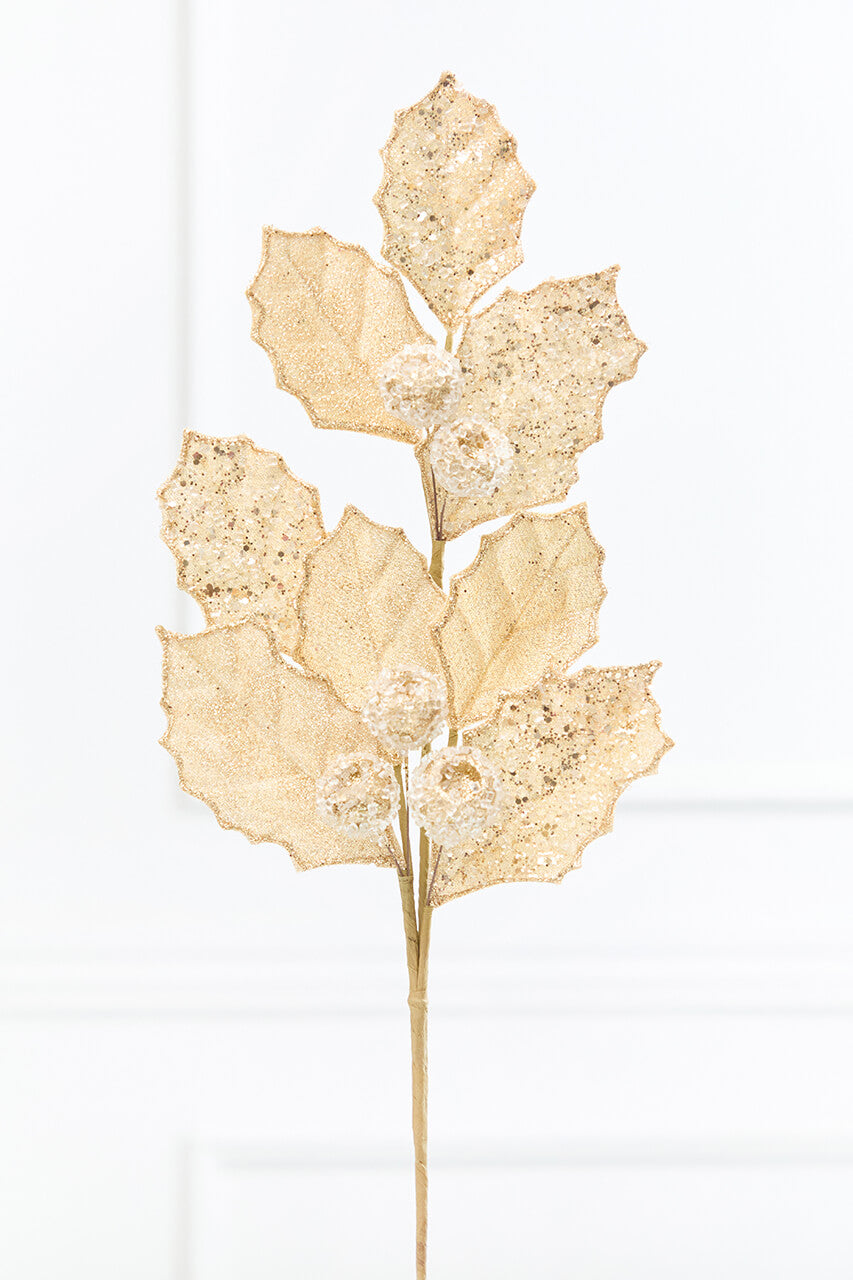27" Gold Glitter Berry Leaf Spray
