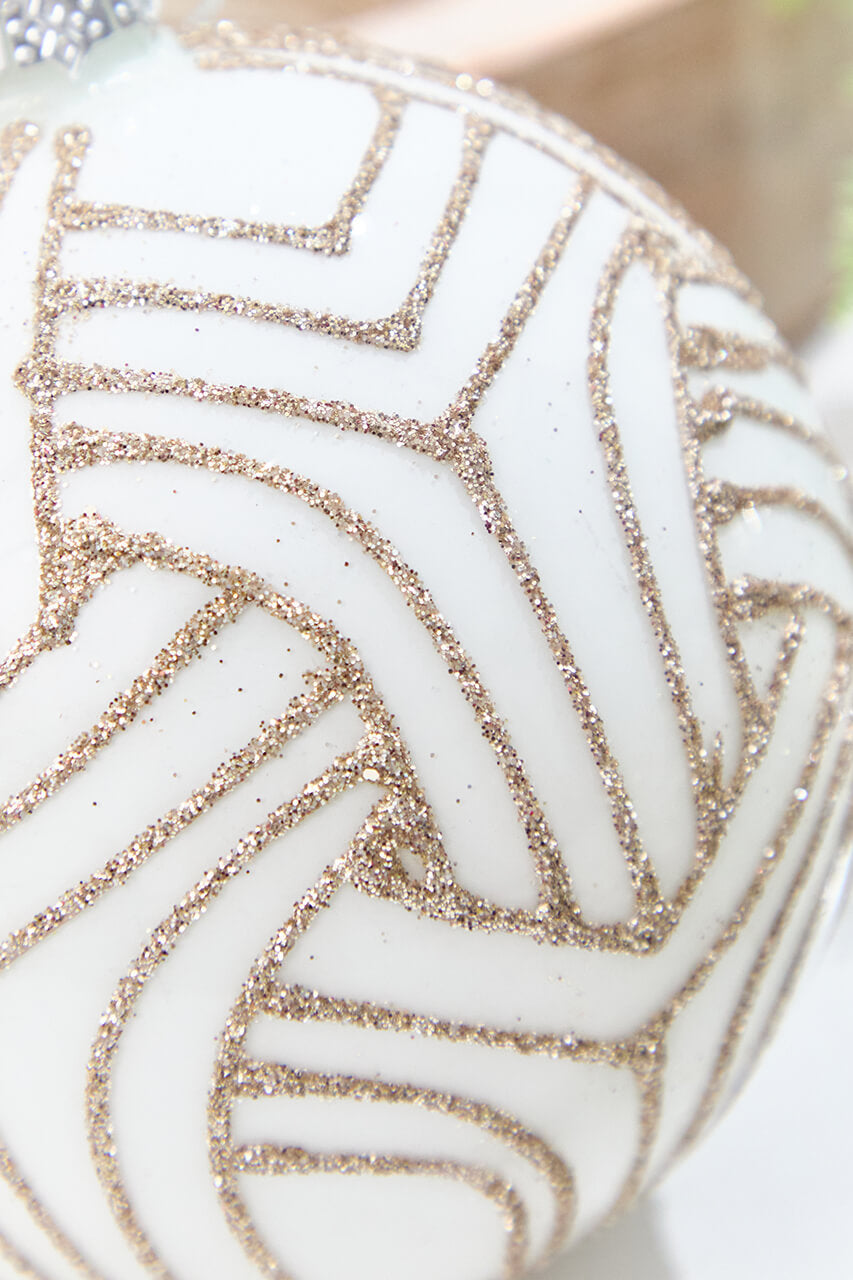 5" - 6" White With Champagne Glitter Art Deco Glass Ornament