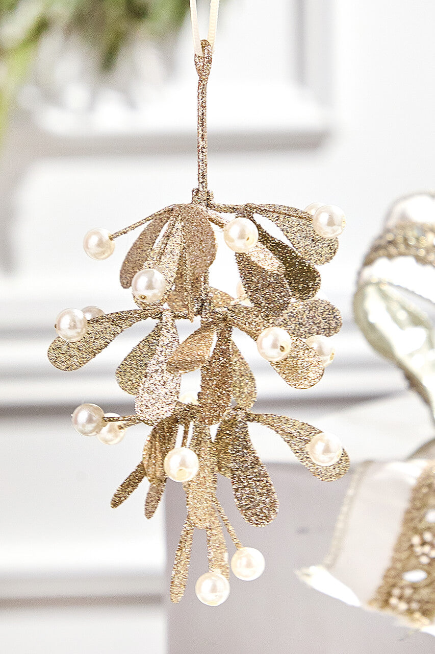 7" Champagne Glitter Pearl Mistletoe Ornament