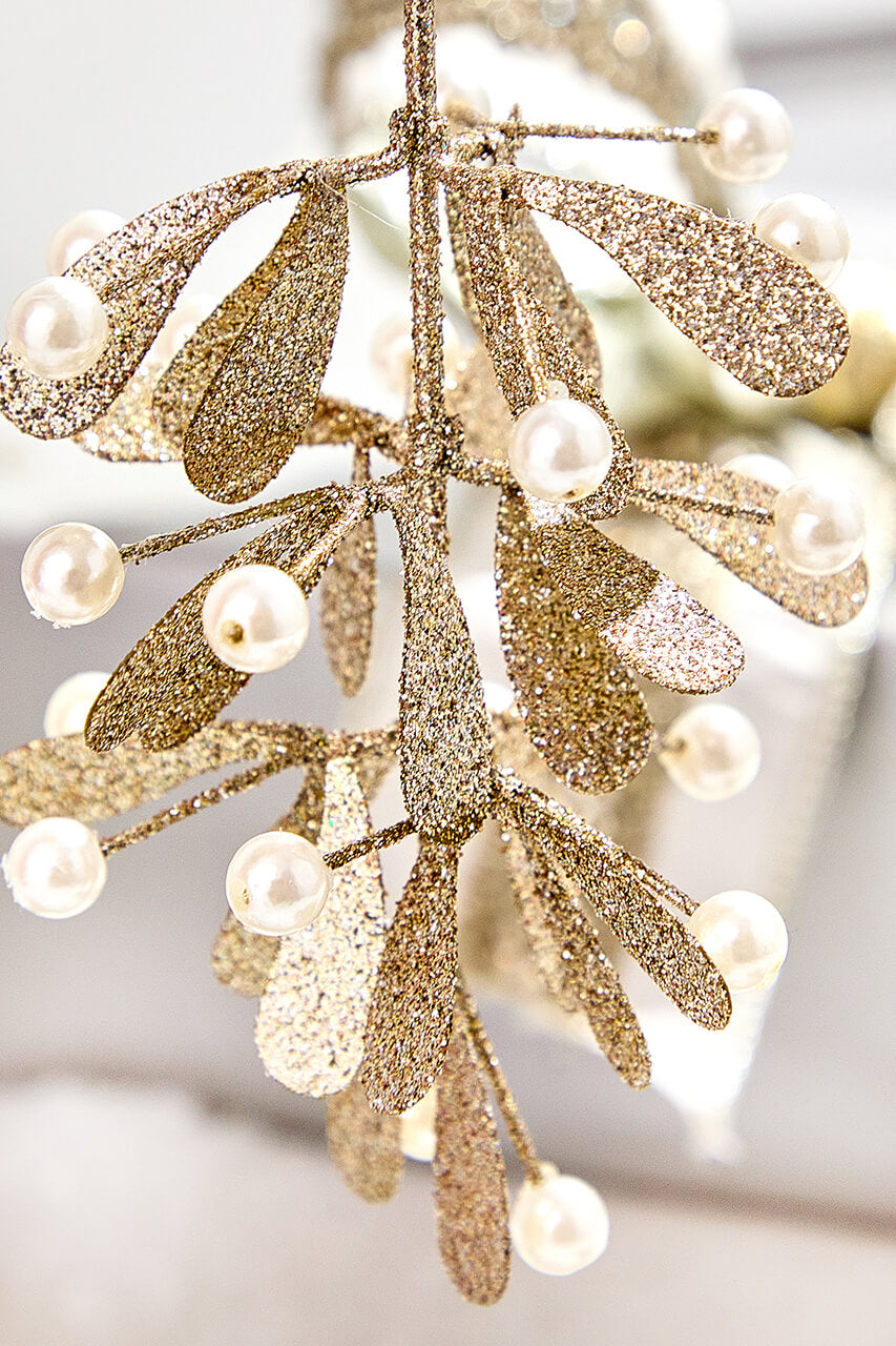 7" Champagne Glitter Pearl Mistletoe Ornament