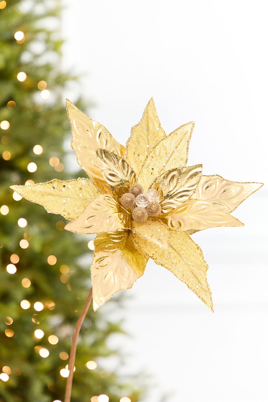 24" x 10" Gold Glitter Edge & Bead Poinsettia Stem