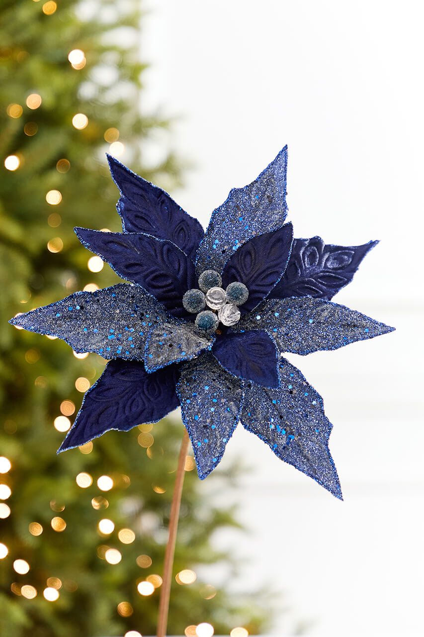 24" x 10" Navy Glitter Edge & Bead Poinsettia Stem