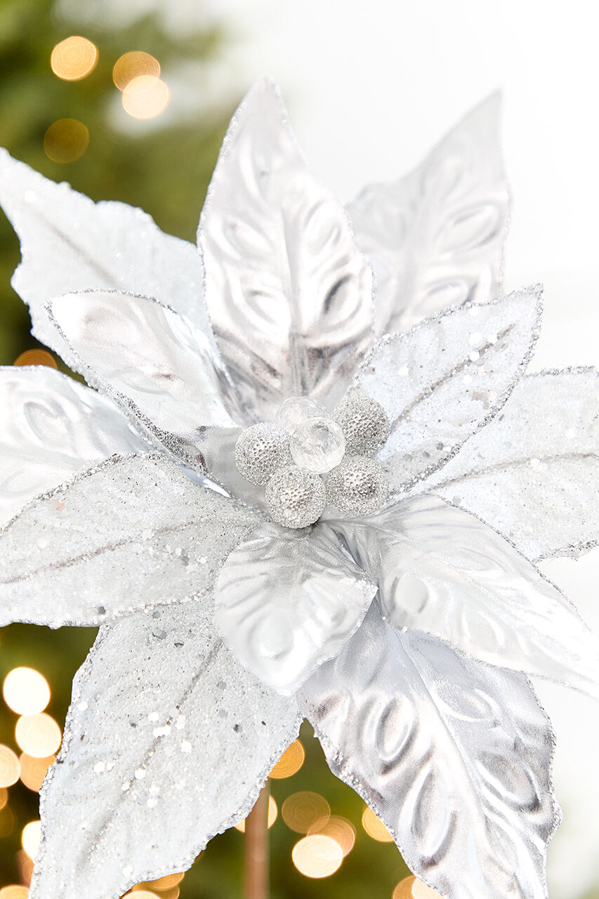 24" x 10" Silver Glitter Edge & Bead Poinsettia Stem
