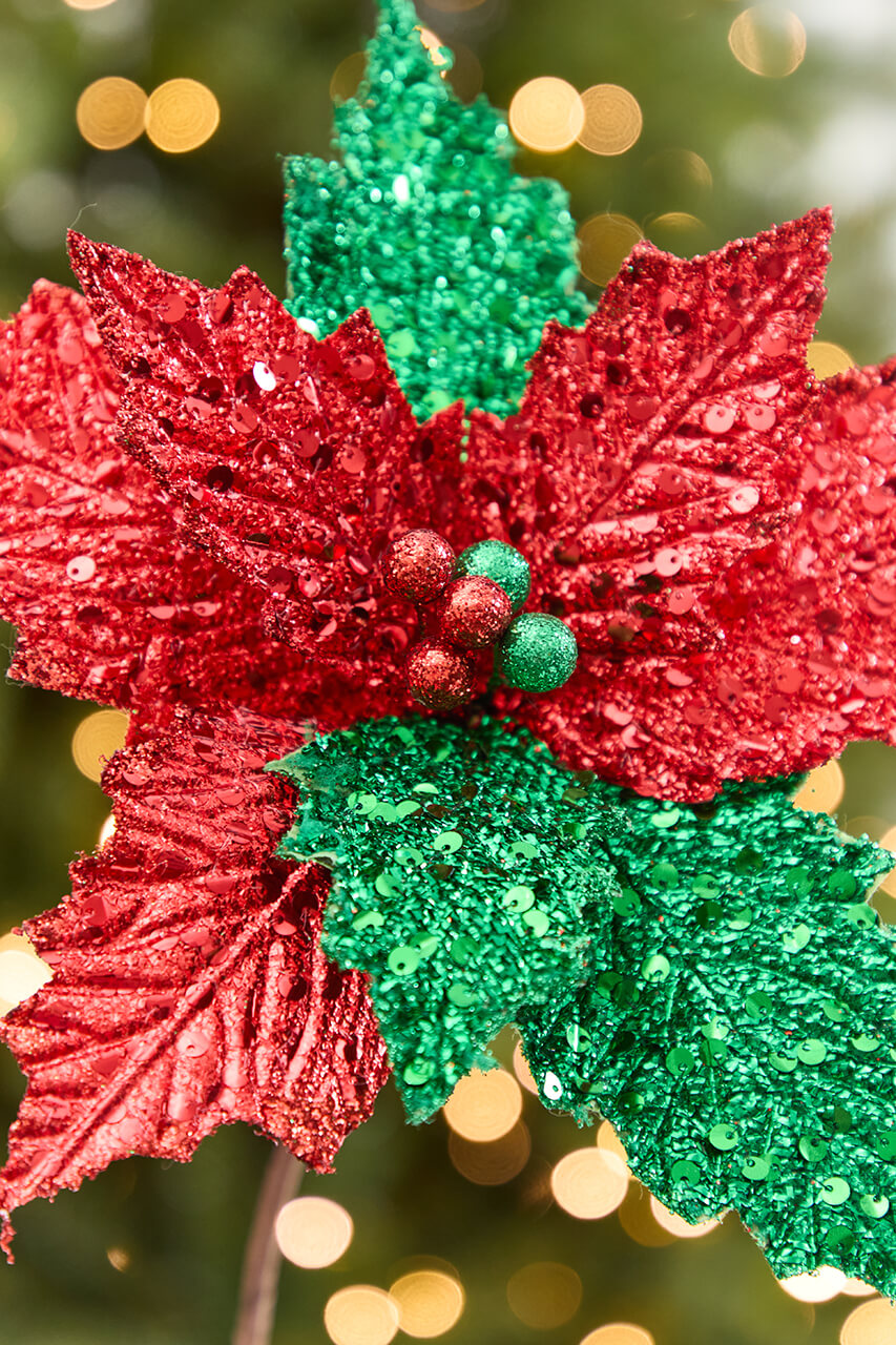 19" x 12" Red & Green Glitter Poinsettia Stem