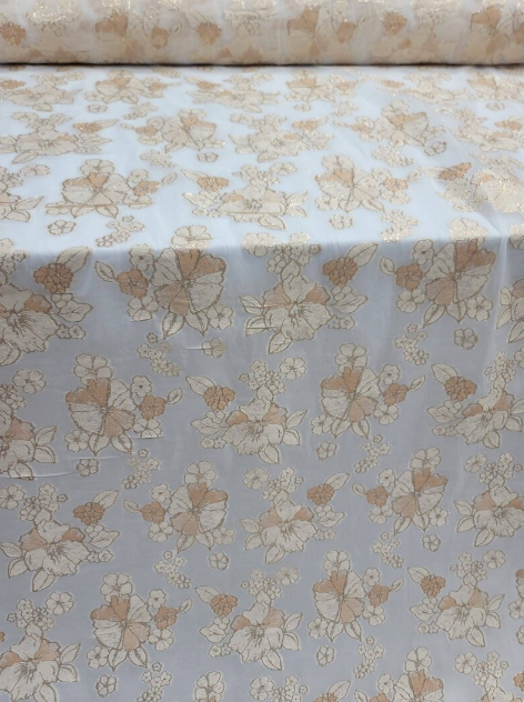 Brocade Floral Gold On White Organza Fabric