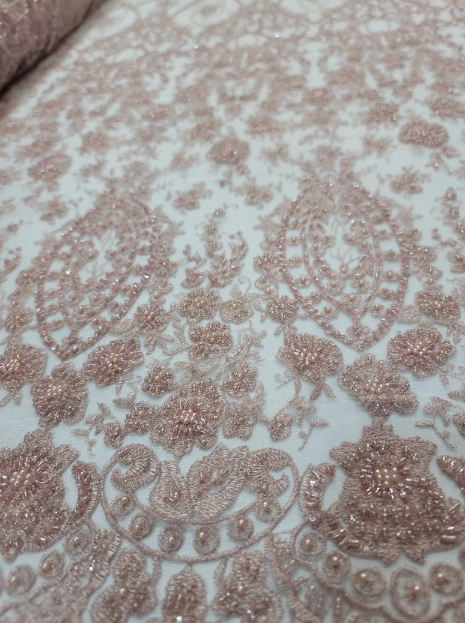 Beaded Lace Fabric Rose Gold Floral Embroidery Sequin