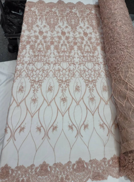 Beaded Lace Fabric Rose Gold Floral Embroidery Sequin