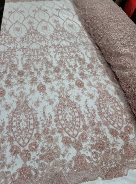 Beaded Lace Fabric Rose Gold Floral Embroidery Sequin