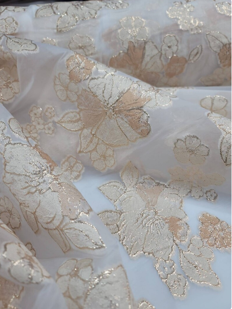 Brocade Floral Gold On White Organza Fabric