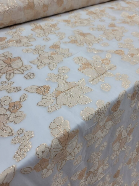 Brocade Floral Gold On White Organza Fabric