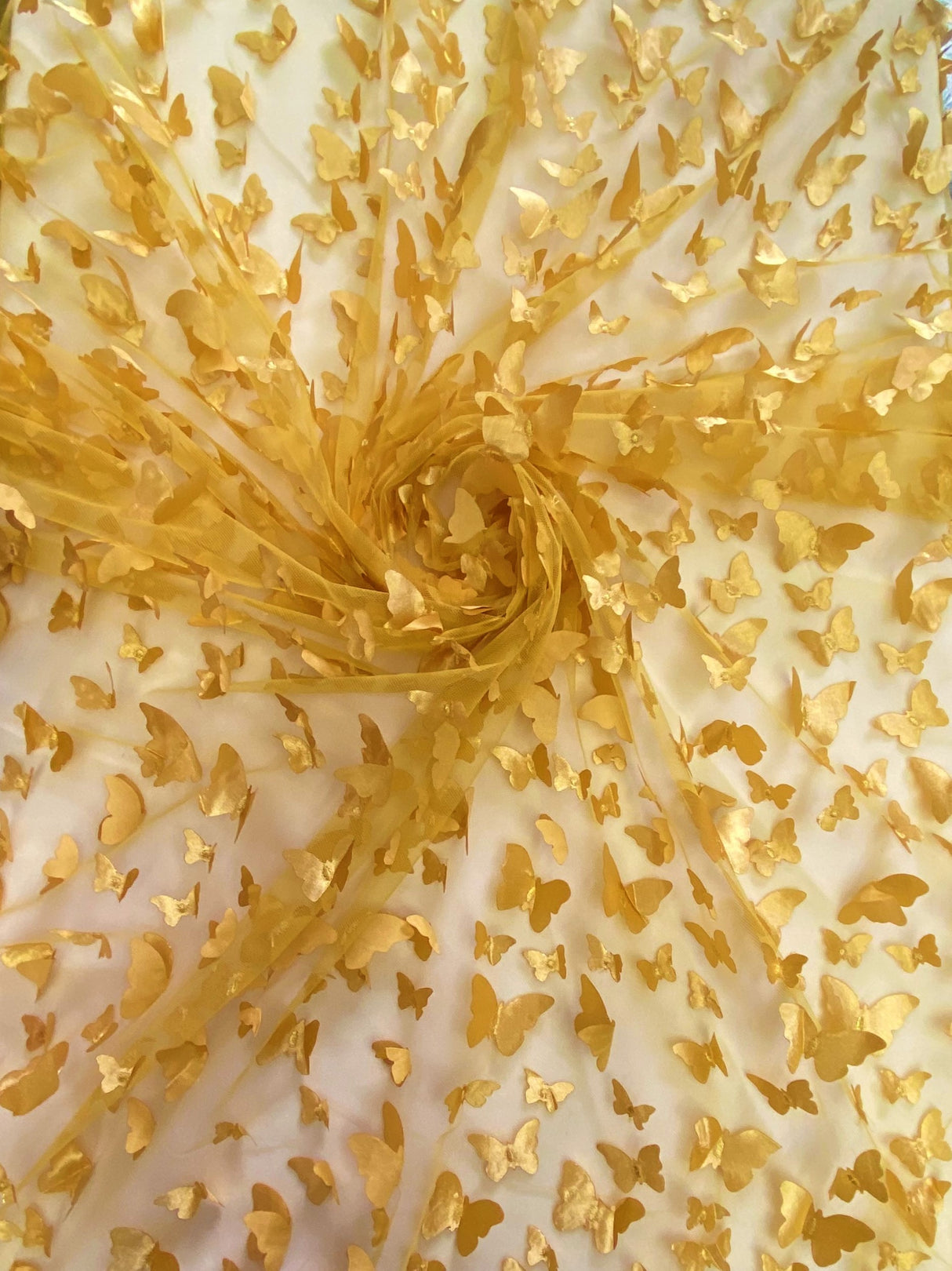 3D Butterflies Gold Polyester Fabric - Light Weight Satin Butterflies On 2-Way Stretch Mesh, Gold, 54" Width