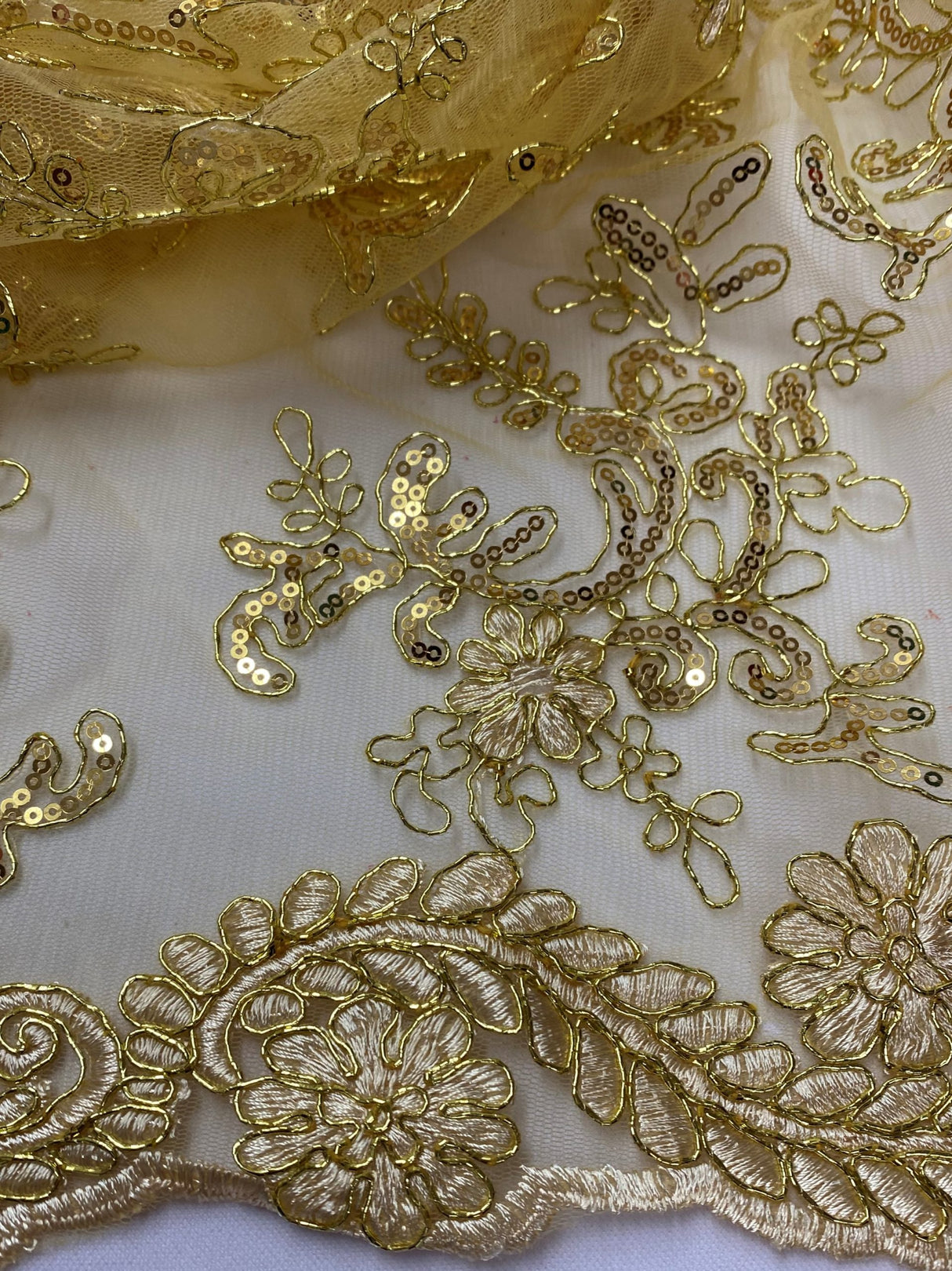 Elena'S Lace Gold Polyester Lace Fabric - Gold Corded Mesh Embroidered With Sequins, Double Scalloped Edge, 54" Width (1 Yard)