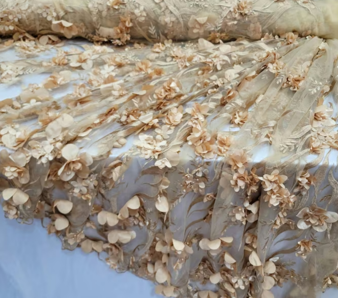 3D Lace Fabric Gold Floral Embroidery