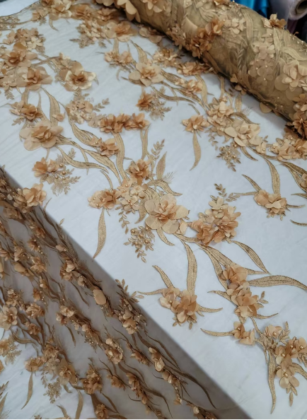 3D Lace Fabric Gold Floral Embroidery
