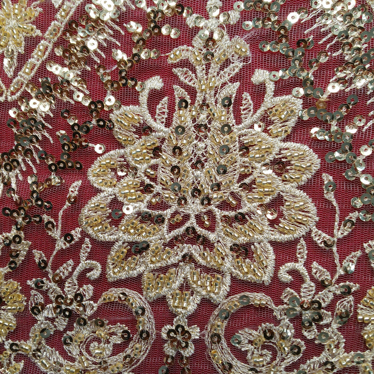 Beaded Sequined Lace Fabric - Embroidered 100 Percent Polyester Net Mesh, Gold, Ivory, Silver, White, 52" Width (1 Yard)