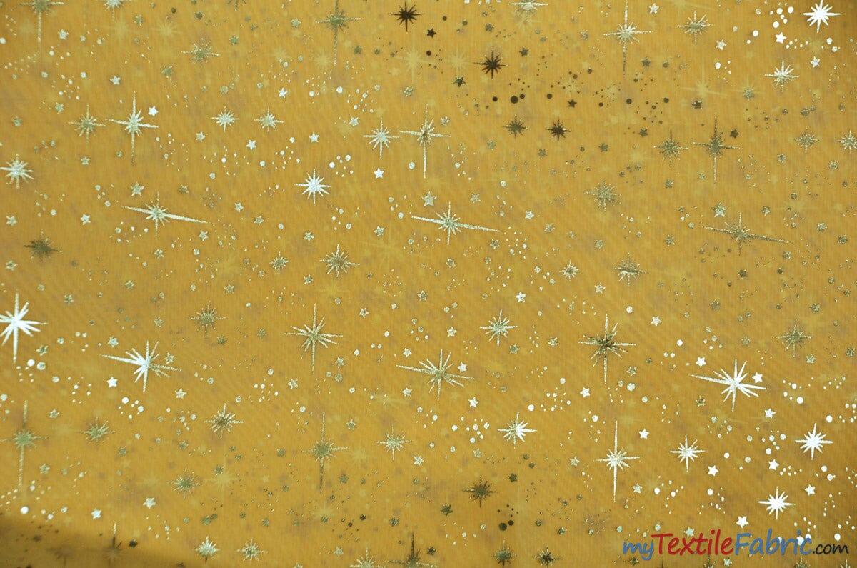 Shooting Star Foil Organza Polyester Fabric - Sheer Silver Metallic Star, 58/60" Width (1 Yard)