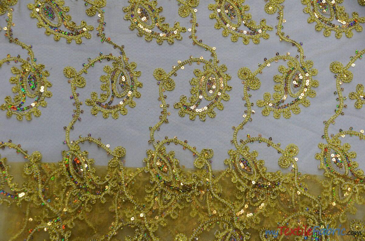 Coco Paisley Polyester Fabric - Sheer Embroidered Paisley, Double Scallop Lace, 52" Width (1 Yard)