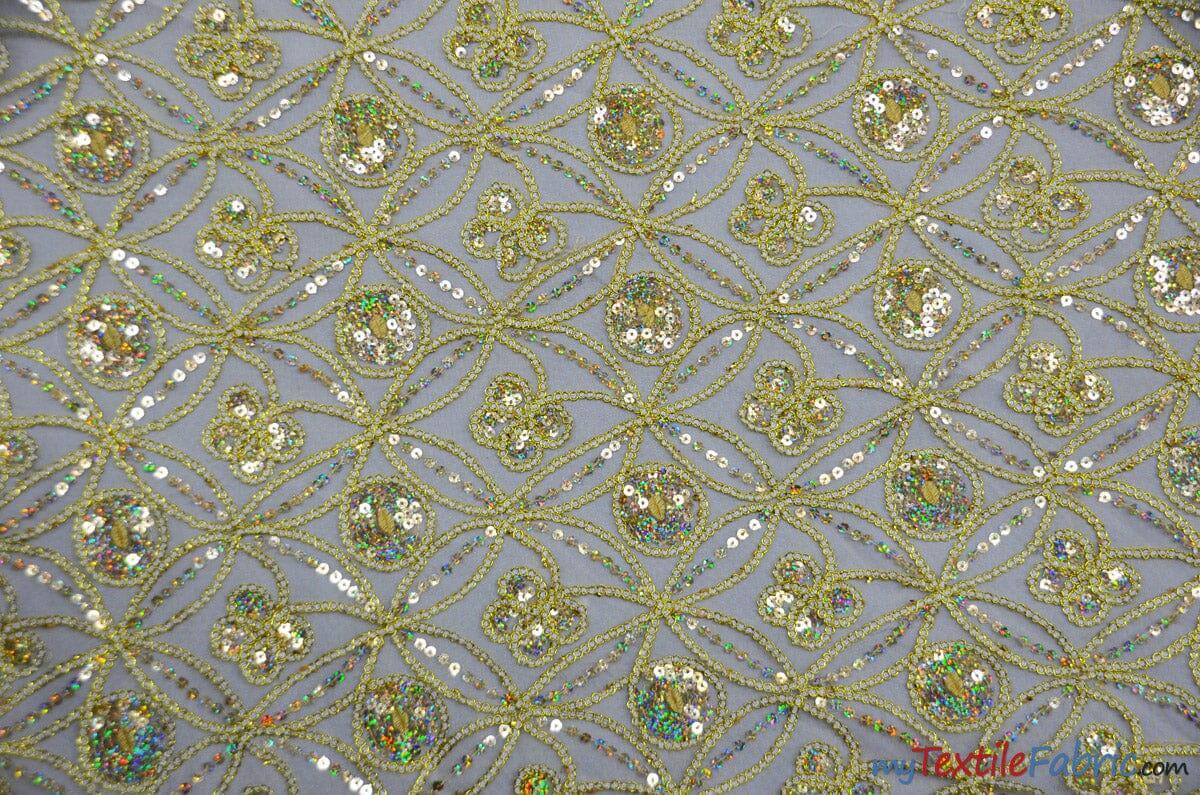 Coco Star Sheer Embroidery Fabric - Champagne, Gold, Silver Star Sequins, Double Scallop Lace, 52" Width