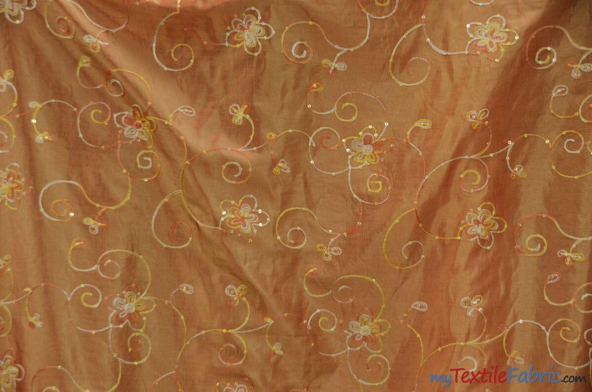 Aurora Taffeta Embroidered Floral Taffeta Fabric - Multi Color Floral Embroidery With Sequins, 54" Width (1 Yard)