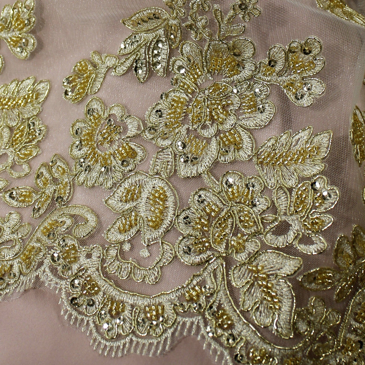 Beaded Corded Bridal Lace Polyester Fabric - Gold Metallic, Silver Metallic, White, Ivory, Rose Gold, Hunter Green, 51" Wide (1 Yard)