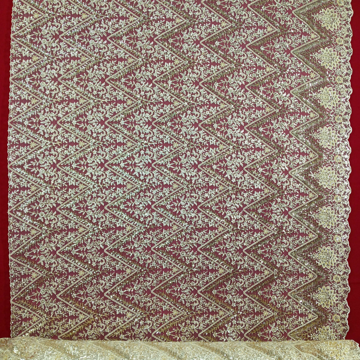 Beaded Sequined Lace Fabric - Embroidered 100 Percent Polyester Net Mesh, Gold, Ivory, Silver, White, 52" Width (1 Yard)