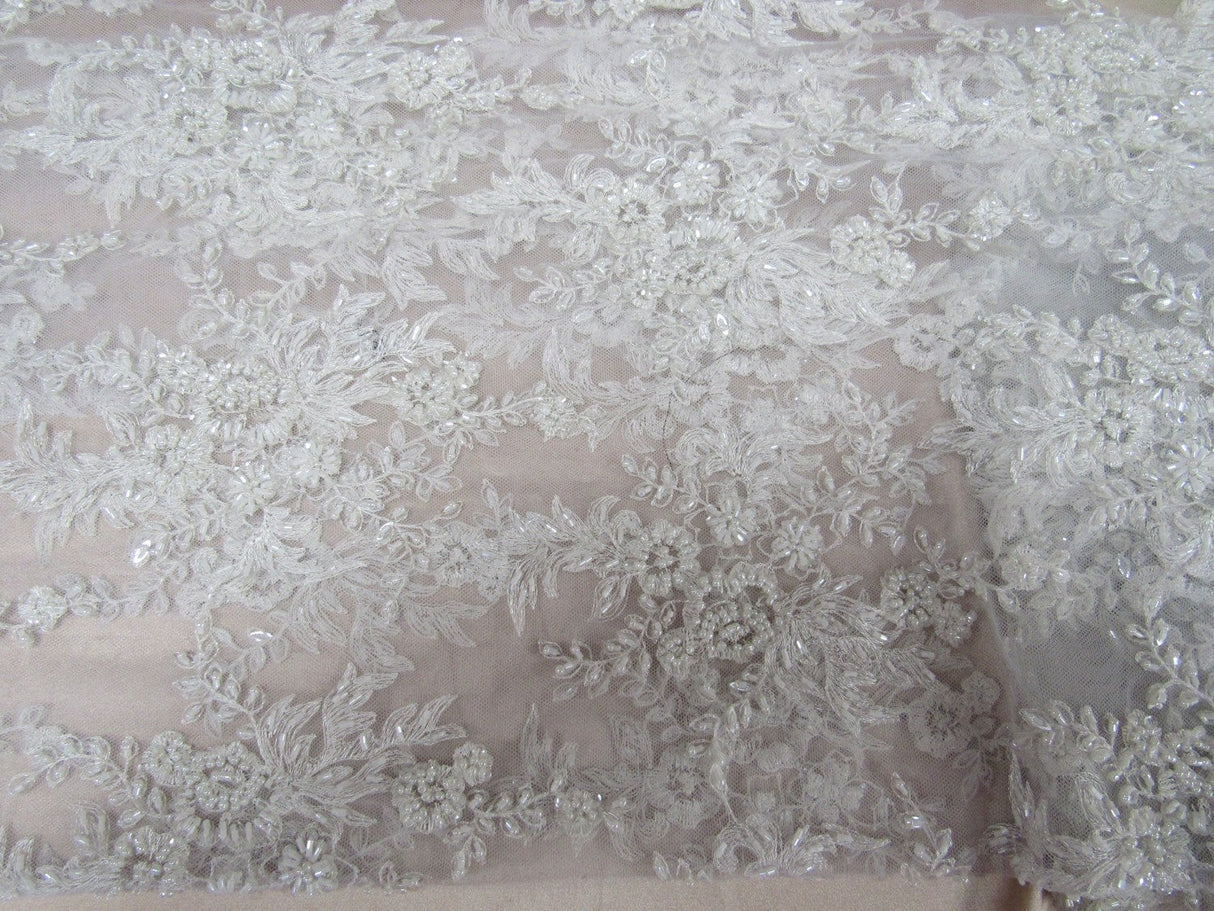 Gorgeous White French Design Embroidered And Beaded Mesh Lace Fabric - White Floral Embroidery, Metallic Shine, 50" Width (1 Yard)