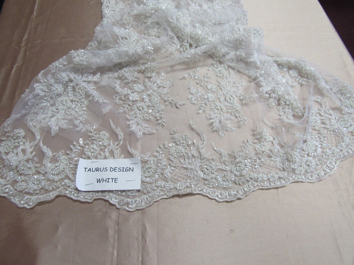 Gorgeous White French Design Embroidered And Beaded Mesh Lace Fabric - White Floral Embroidery, Metallic Shine, 50" Width (1 Yard)