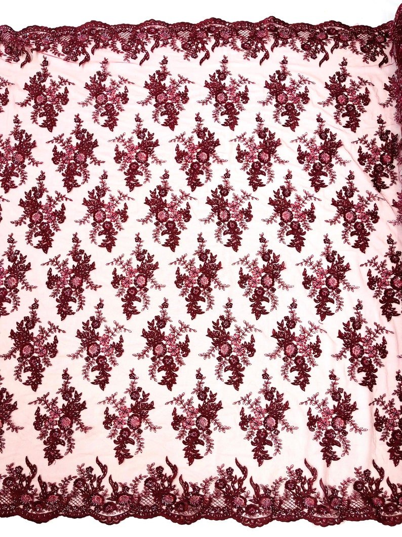Gorgeous Beaded Lace On Mesh Polyester Fabric - Beaded Lace, 50" Width (1 Yard)