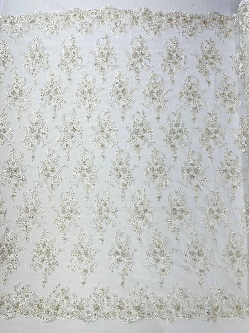 Gorgeous Beaded Lace On Mesh Polyester Fabric - Beaded Lace, 50" Width (1 Yard)
