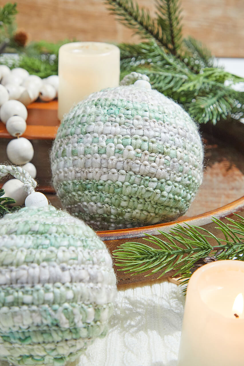Green/White Knit Ball Ornaments - Set of 2