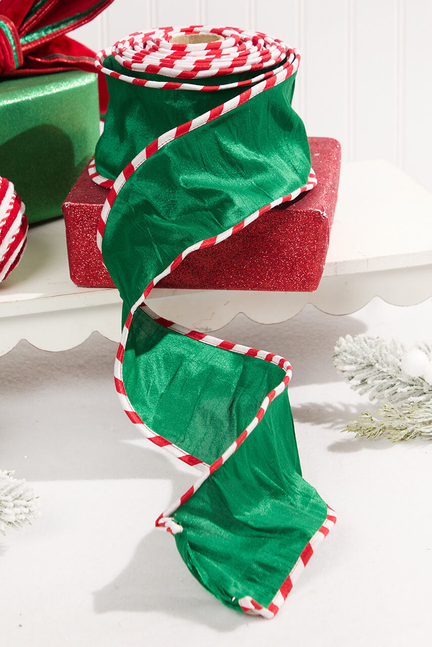 4" x 10 Yard Green Dupioni with Red & White Piping Ribbon