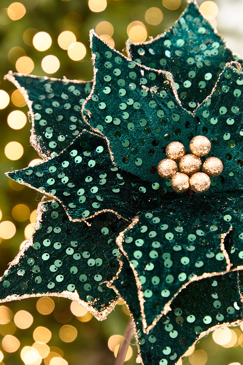 20" x 12” Emerald & Gold Sequin Poinsettia Stem