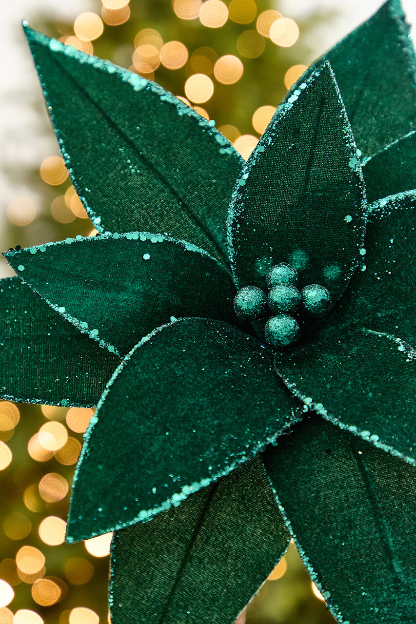 20" x 15" Emerald Velvet Glitter Poinsettia Stem