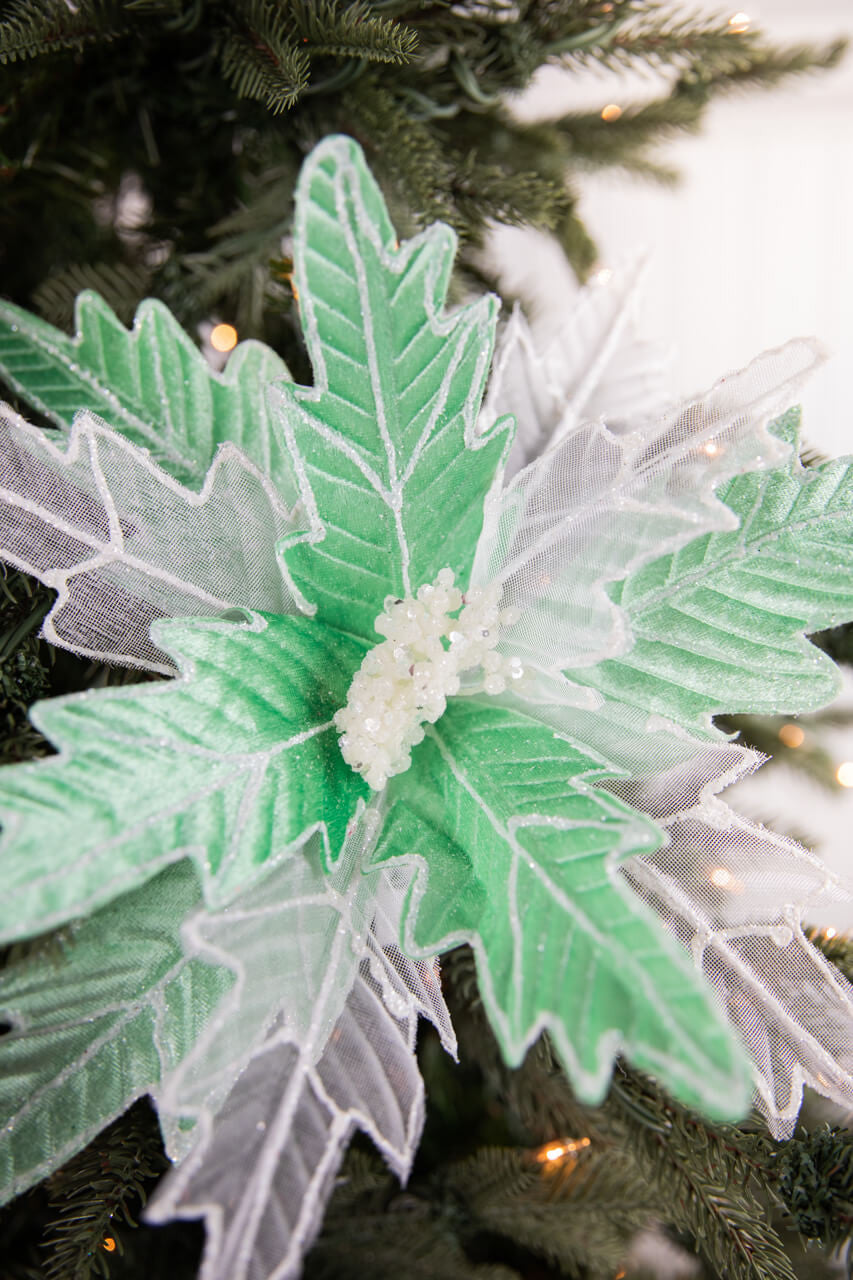 24 Inch x 13 Inch Green & White Frosted Glitter Poinsettia Stem