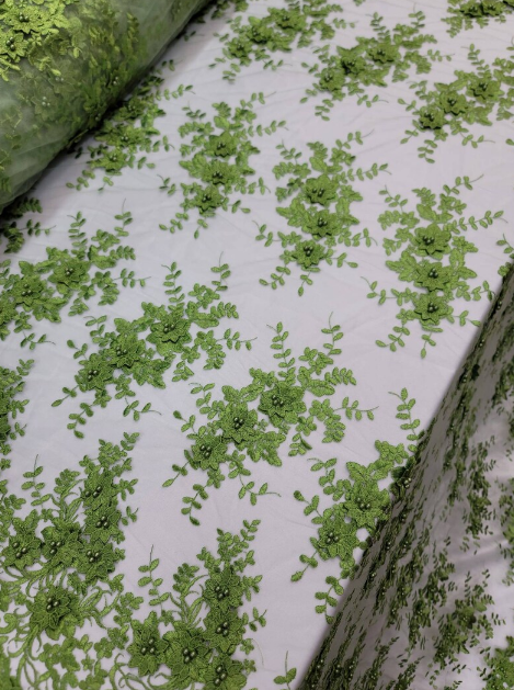 3D Floral Lace Olive Green Embroidered Mesh Fabric