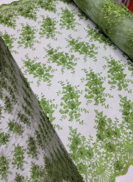 3D Floral Lace Olive Green Embroidered Mesh Fabric