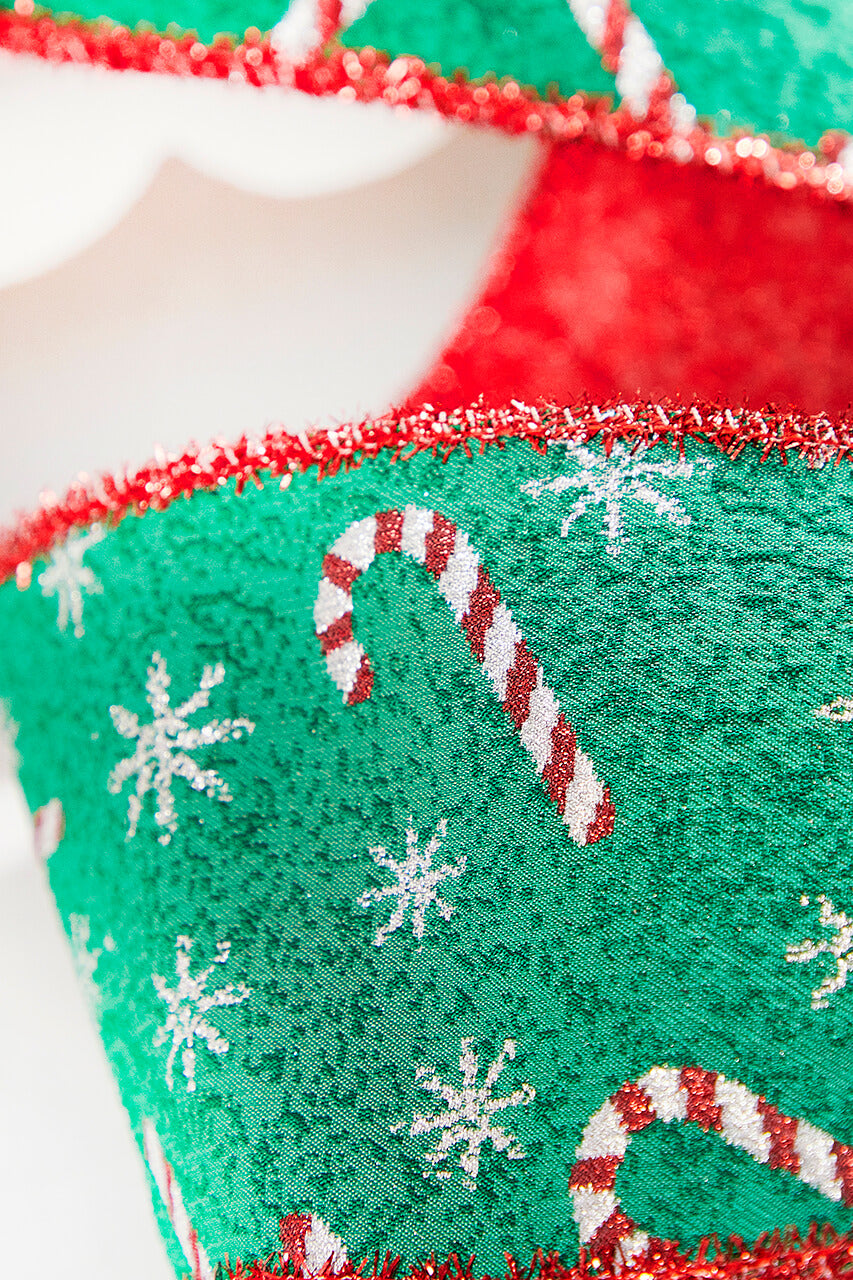 4" x 10 Yard Green/Red Candy Cane Jacquard Ribbon